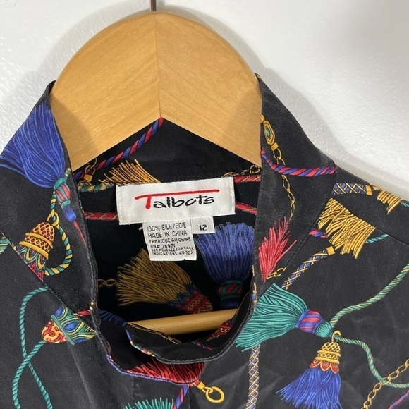 Vintage 90s Y2K Talbots 100% Silk Blouse Tassel Print Womens Size 12 - Picture 2 of 10